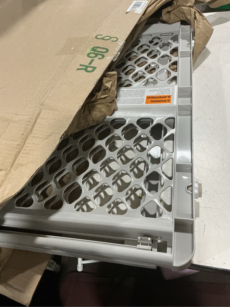 Condition photo showing As Is for regalo safet extra wide expandable baby gate for doorways & bottom of stairs, pressure mounted safety gate for babies, toddlers & pets, tested & safe for 30 years, american designed and owned plastic