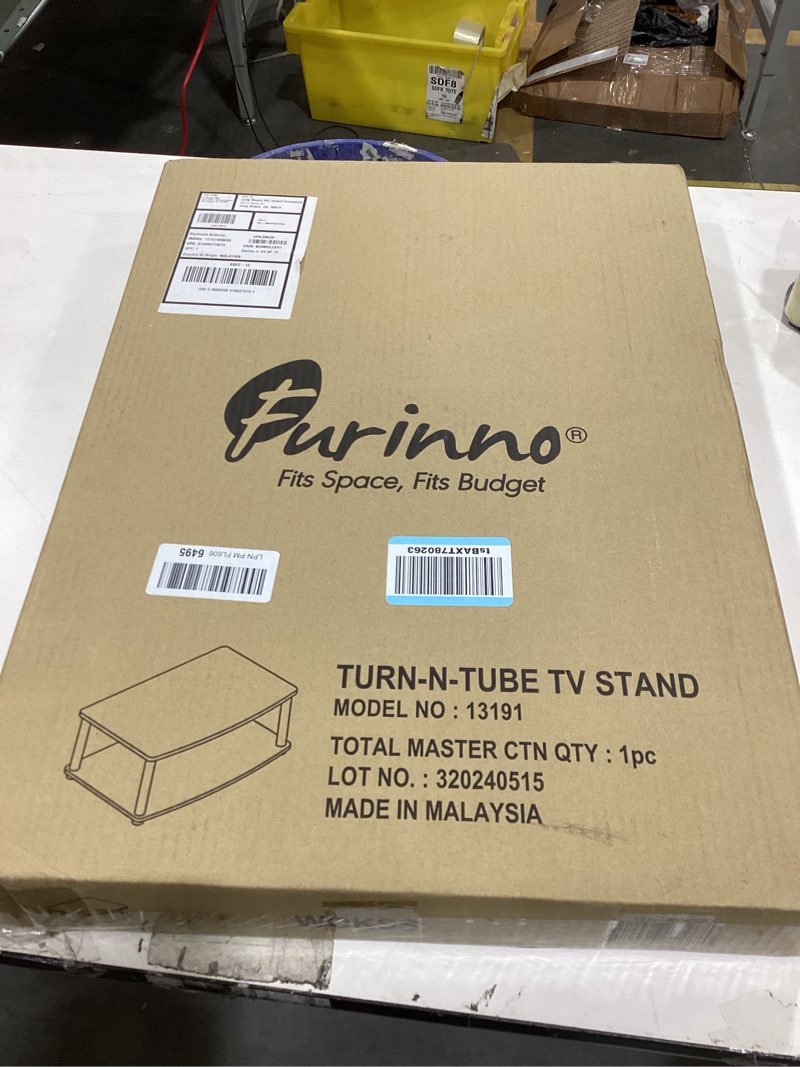 Condition photo showing New/Like New for Furinno Turn-N-Tube No Tools 2-Tier Elevated TV Stand, Stainless Steel Tubes, White Oak/Chrome White Oak/Chrome 2-Tier