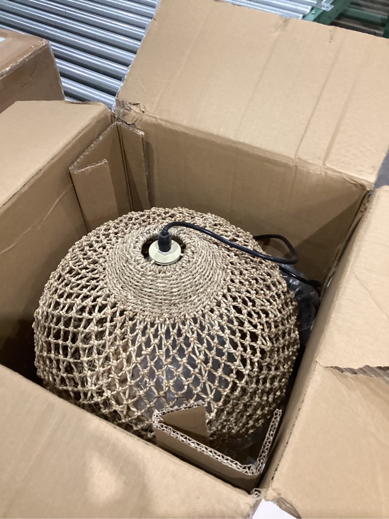 Condition photo showing Good Condition for 2-Light Rattan Pendant Light, 13.78Inch Boho Chandelier Farmhouse Hand-Woven Rattan Pendant Light Kitchen Island Bedroom Living Room Foyer Hallway Aquatic Rattan 13.78inch