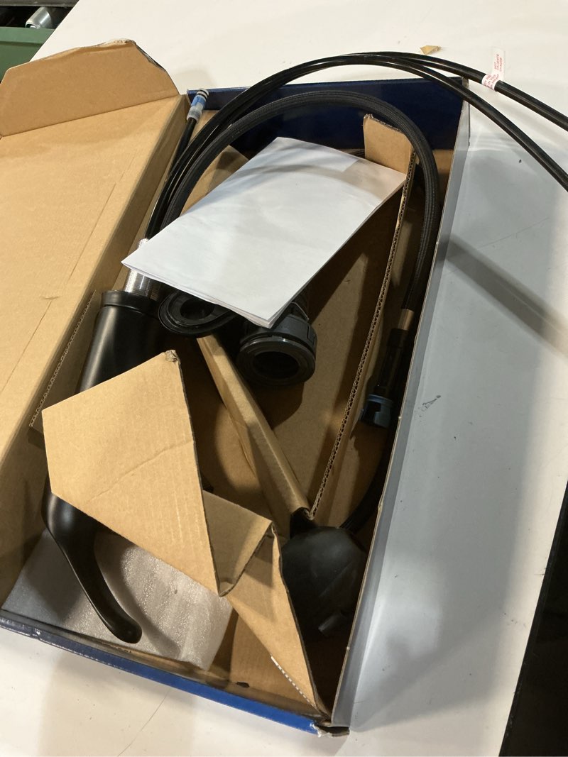 Condition photo showing As Is for project source everfield matte black single handle deck-mount pull-out kitchen faucet with sprayer (includes deck plate)