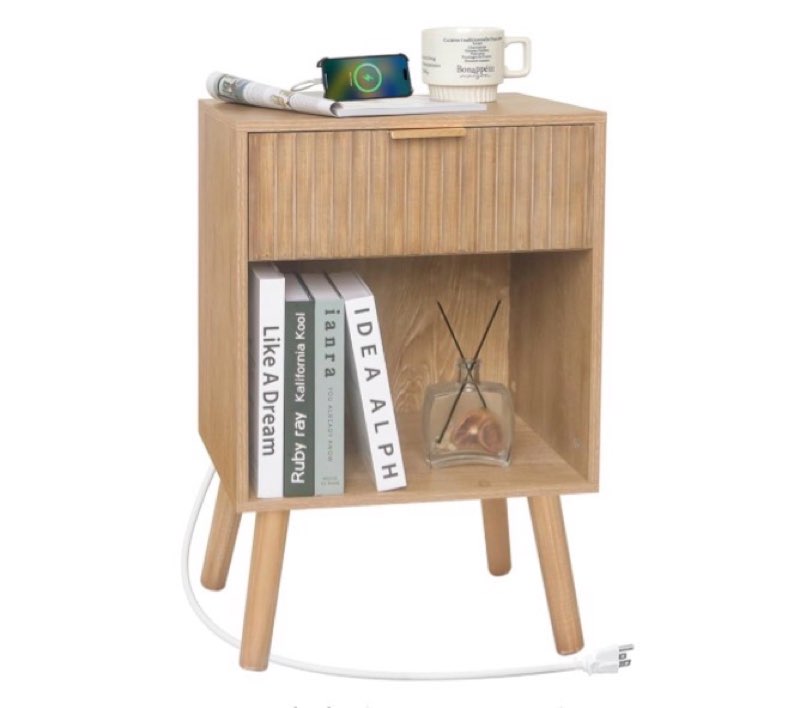 Fultyle Wood Nightstand with Charging Station, Bedside Table with Fluted Drawers and Outlet, Boho Night Stand for Bedroom, Living Room, Office (Rustic Walnut)