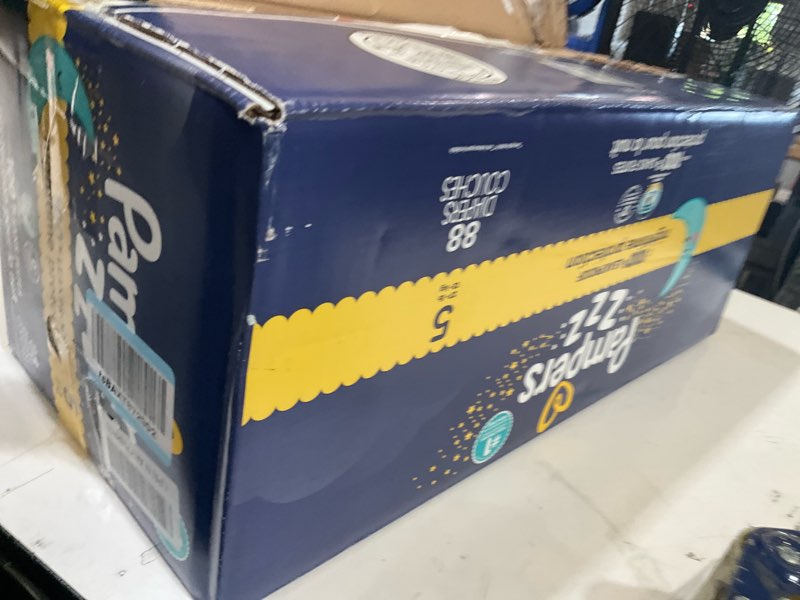 Condition photo showing As Is for pampers zzz overnight diapers, size 5 (27+ lbs), 88 count, nighttime protection disposable baby diaper, night time leak and skin protection size 5 88