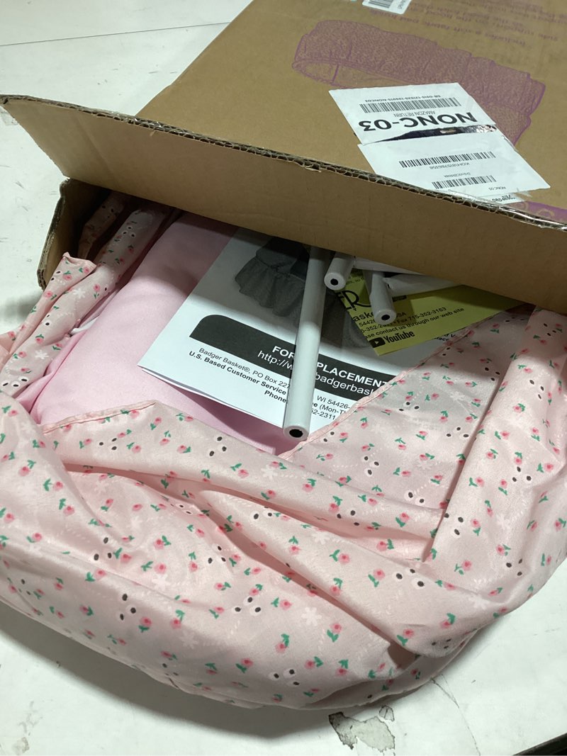 Condition photo showing New/Like New for badger basket folding doll cradle with hood fits dolls 18 to 22-inches - pink/rosebud design with bedding for imaginative play