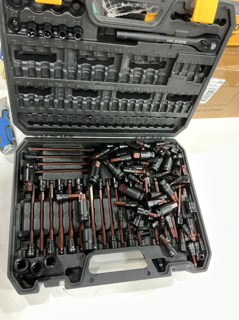 Condition photo showing Good Condition for 112-piece torx and allen bit socket set, 1/4", 3/8",1/2" drive bit socket set with ratchet wrench, adapters, extra long & tamper proof torx/hex/ball end hex/e-torx, sae & metric 112-piece torx & hex bit socket set