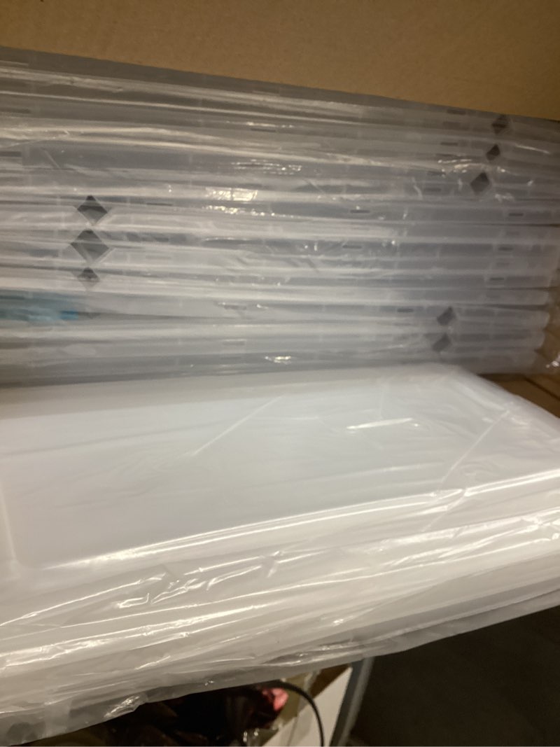 Condition photo showing New/Like New for Storage Bins with Lids, 9 Pack Plastic Storage Containers with Magnetic Door, 19 Qt Stackable Clear Storage Box for Home, Office Organizing Clear White-9pcs