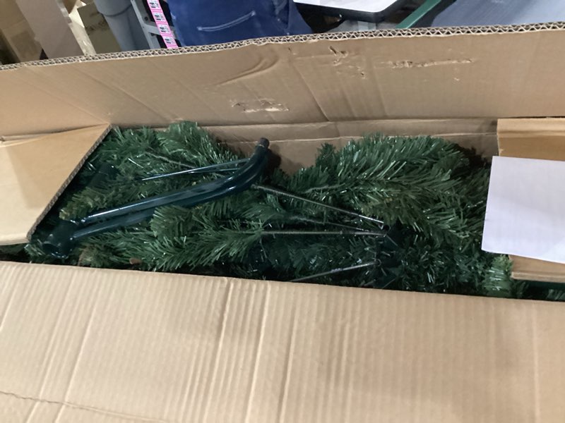Condition photo showing As Is for Decoway 6FT Artificial Christmas Tree: Unlit Green Xmas Pine with Pinecones and Metal Stand for Indoor - Holiday Decoration for Porch Living Room Easy Assembly