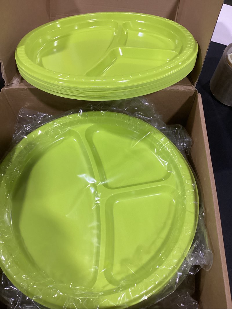 Condition photo showing As Is for (incomplete) umigy 100 pcs 10 inch 3 compartments divided plastic plates bulk colorful disposable heavy duty round dinnerware for party valentine wedding birthday (green)
