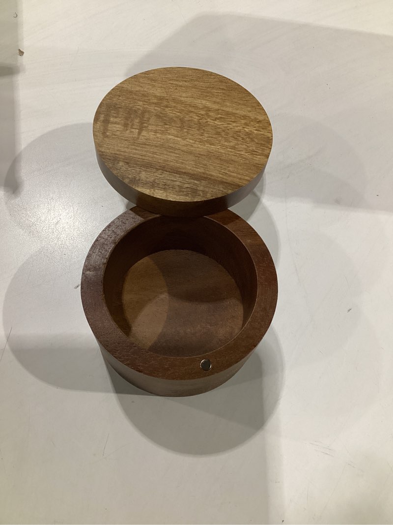 Condition photo showing As Is for Acacia Wood Salt Cellar Bowl Box, Elegant Salt Container with Swivel Magnetic Lid for Keeping Table Salt, Bath Salt, Sea Salt, Peppers, Herbs or seasonings, One piece Wood No Glue