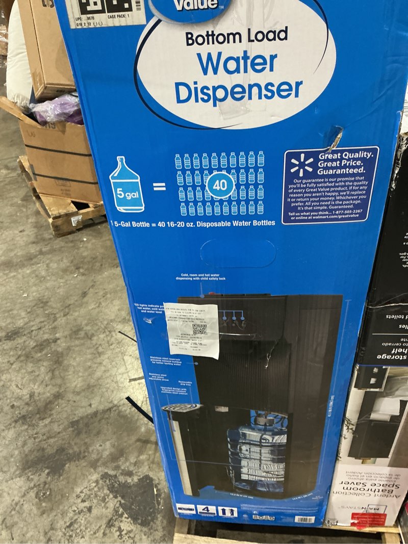 Condition photo showing As Is for great value bottom loading hot/cold/room temp. water dispenser, black/stainless steel water cooler, 41" high
