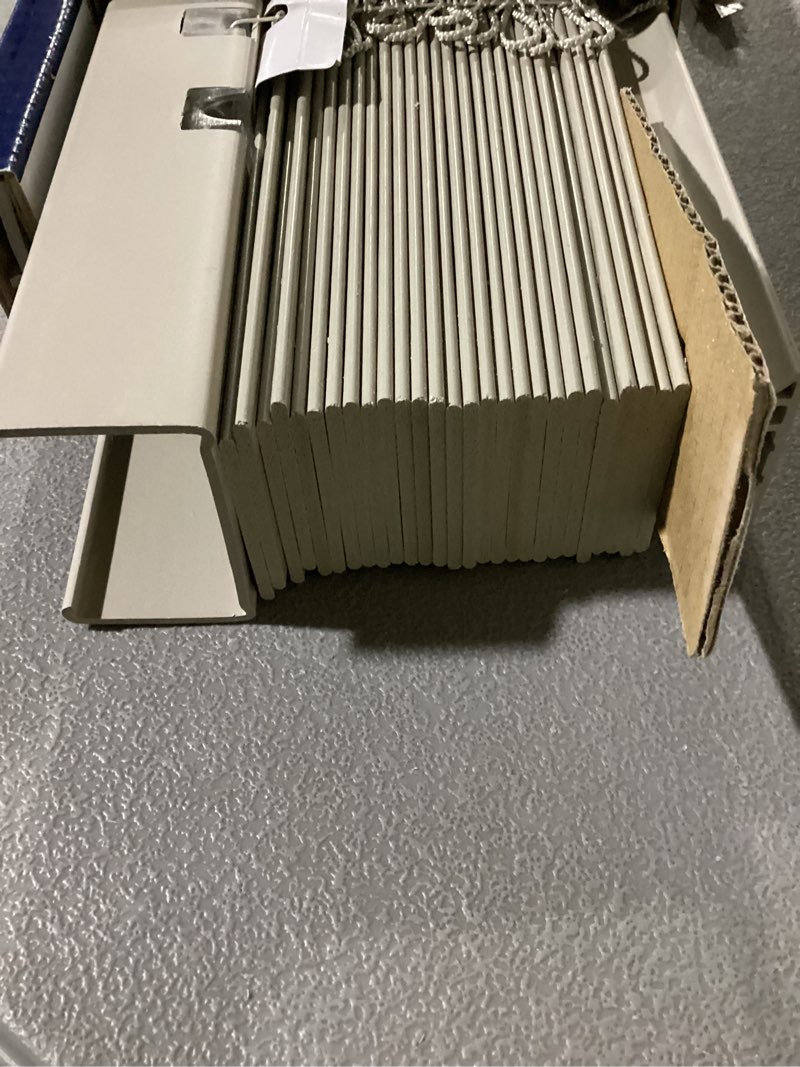 Condition photo showing As Is for levolor trim+go 2-in slat width 35-in x 48-in cordless white faux wood room darkening horizontal blinds