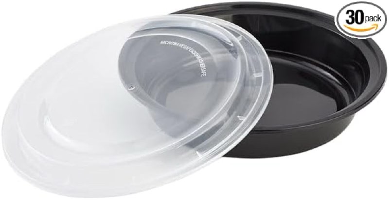 48oz disposable black meal prep/bento box with clear dome lids - round plastic meal containers - leak proof and reusable box : perfect for salad, meal prep and fruits : set of 30