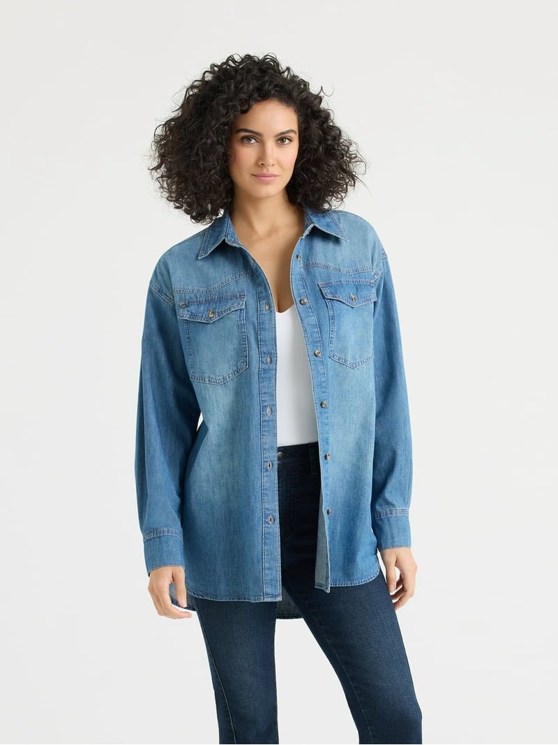 sofia by sofia vergara women's and women's plus sofia oversized boyfriend shirt with long sleeves, sizes xs
