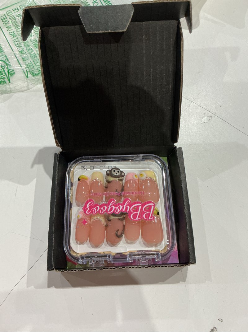 Condition photo showing Good Condition for handmade press on nails cute monkey 3d cartoon banana lace trim medium/short square acrylic false nails kawaii polka dot (l)