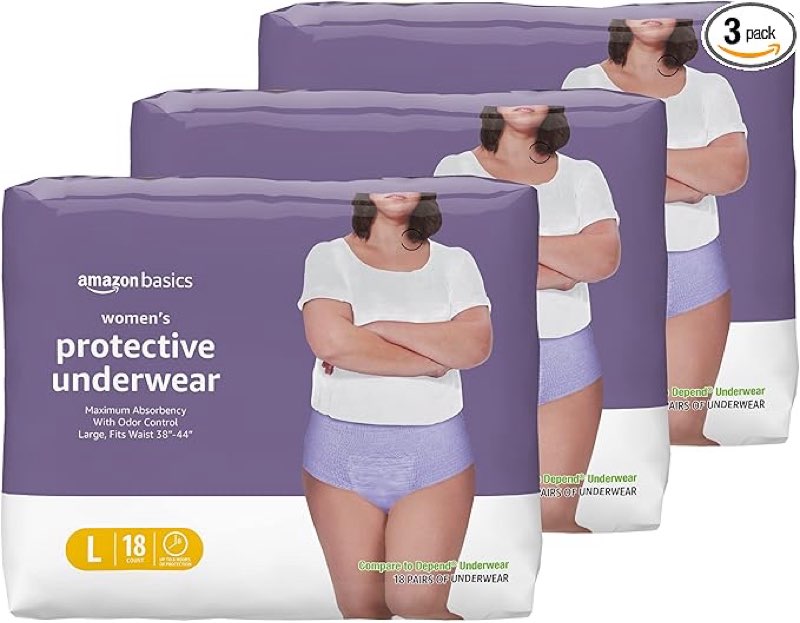 Amazon Basics Incontinence Underwear for Women, Protective, Disposable, Postpartum, Maximum Absorbency, Large, Lavender, 54 Count (3 Packs of 18)