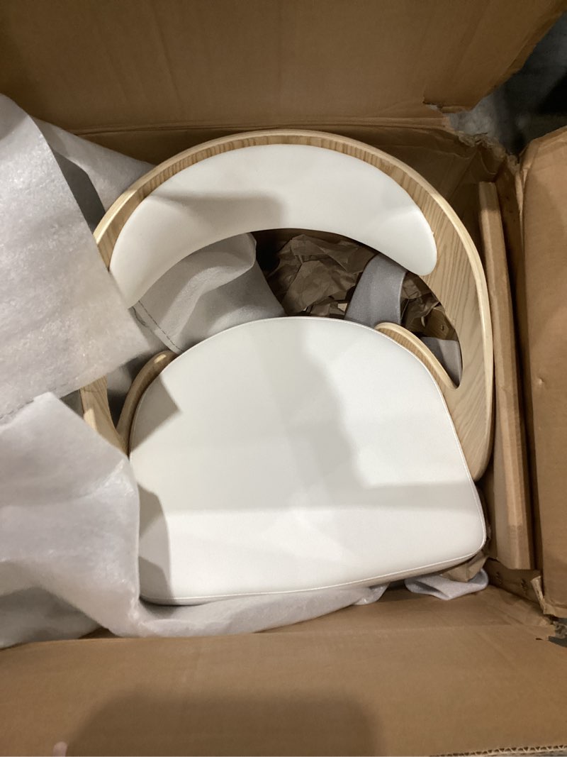 Condition photo showing As Is for shelly modern counter height swivel bar stool in patterned oak finish with white faux leather upholstered seat white/oak 26\" seat height,  single