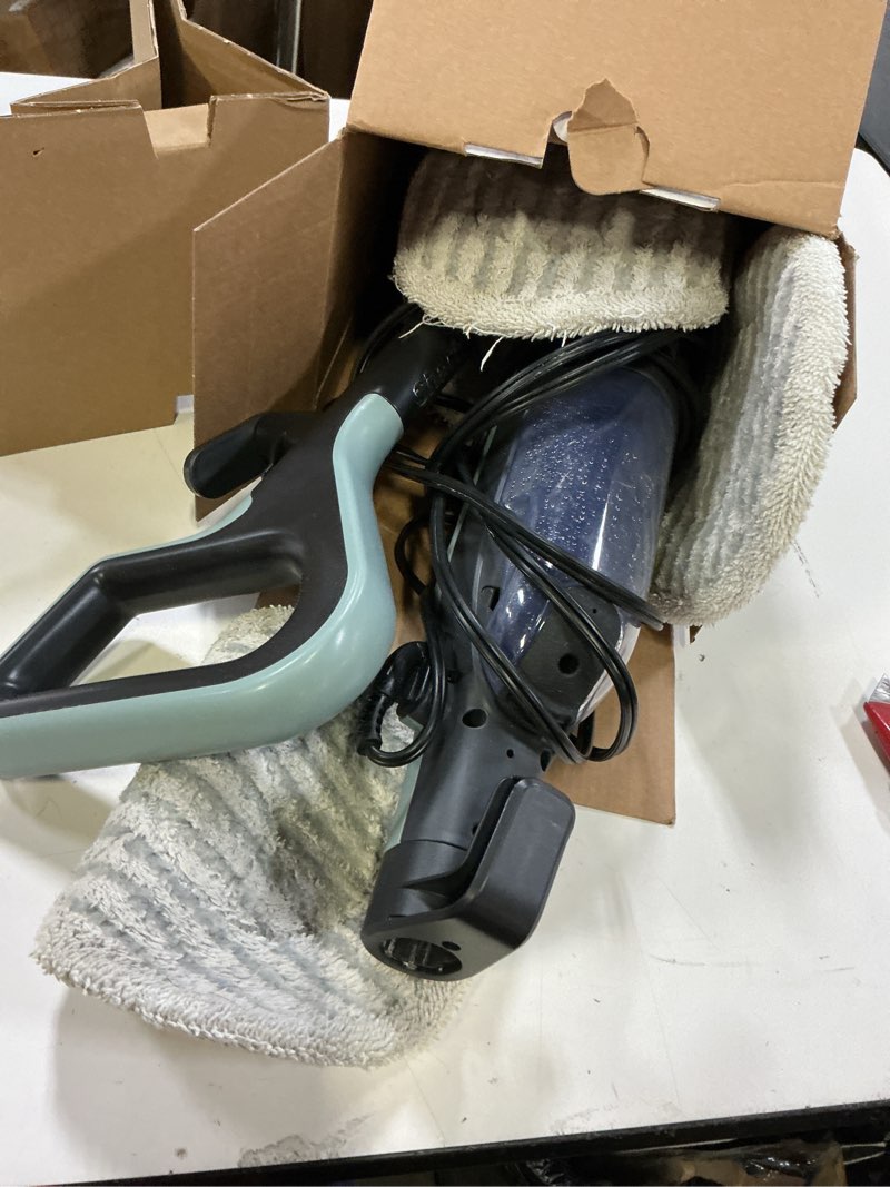 Condition photo showing As Is for shark steam & scrub steam mop, all-in-one scrubbing and sanitizing hard floor cleaner, led headlights, 4 dirt grip soft scrub pads included, xl water tank, swivel steering, hawaiian grey, s8001