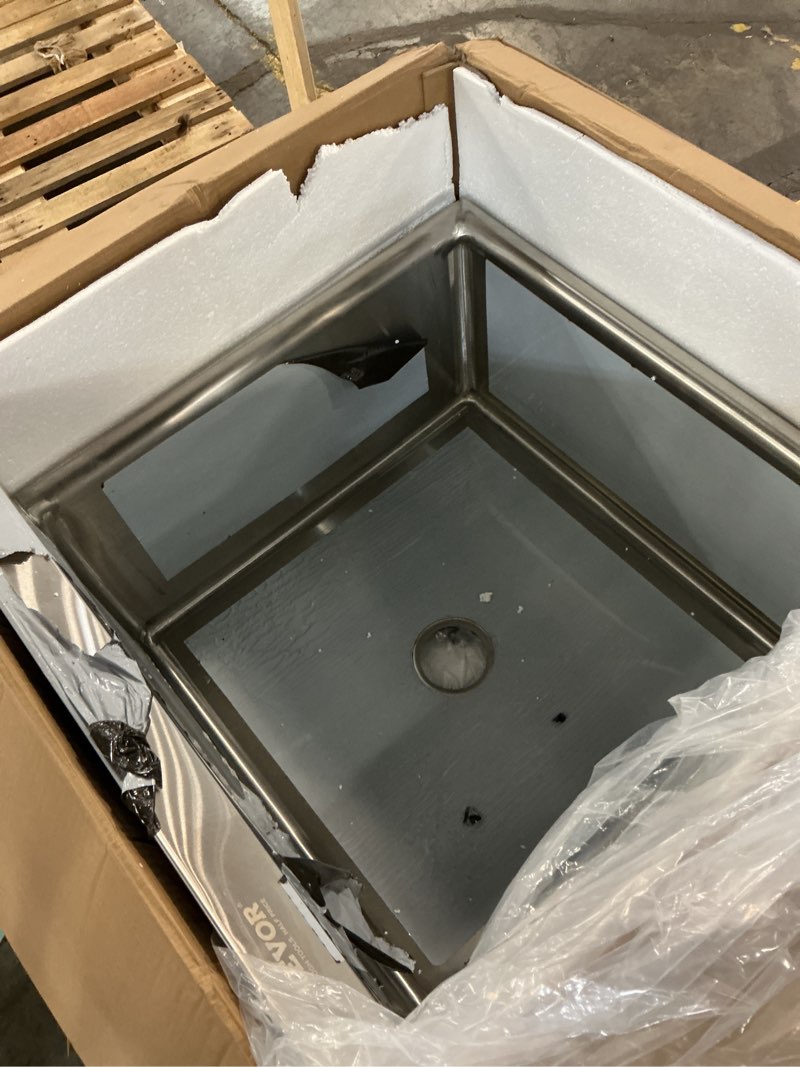 Condition photo showing As Is for 21 x 18 in. stainless steel prep and utility sink 1 compartment free standing small sink with faucet and legs