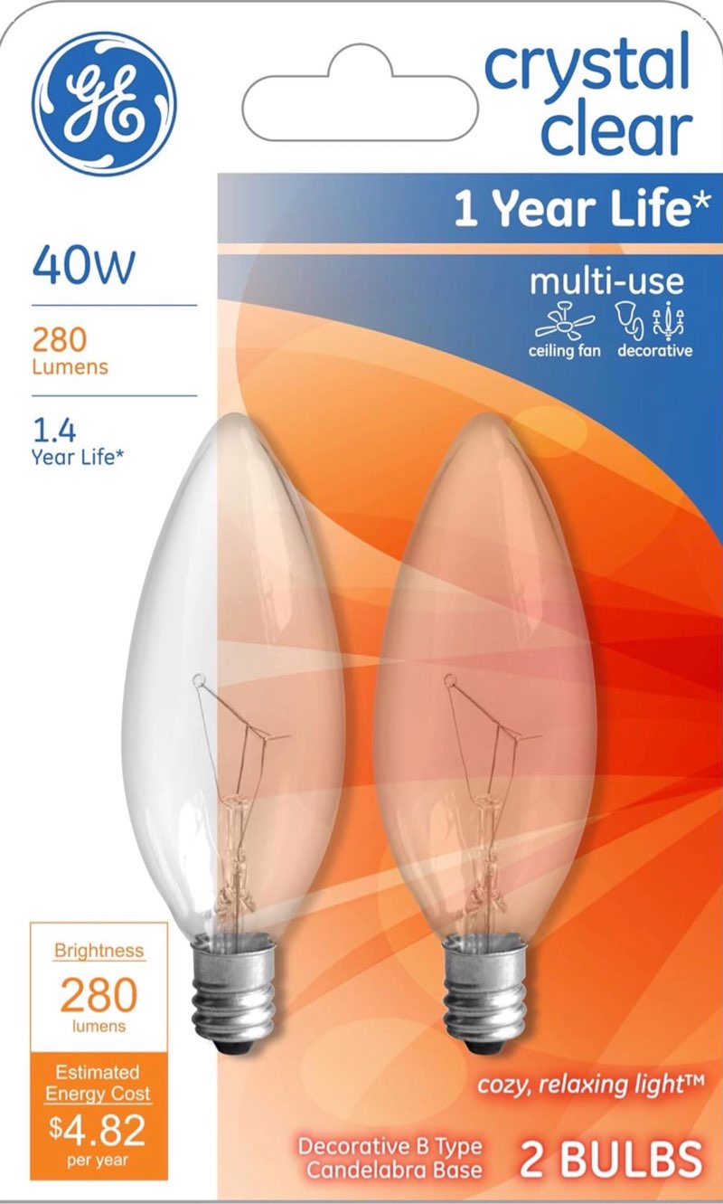 GE Crystal Clear Blunt Tip Decorative Light Bulbs (40 Watt), 280 Lumen, Candelabra Light Bulb Base, 2-Pack Chandelier Light Bulbs( pack of 6) 