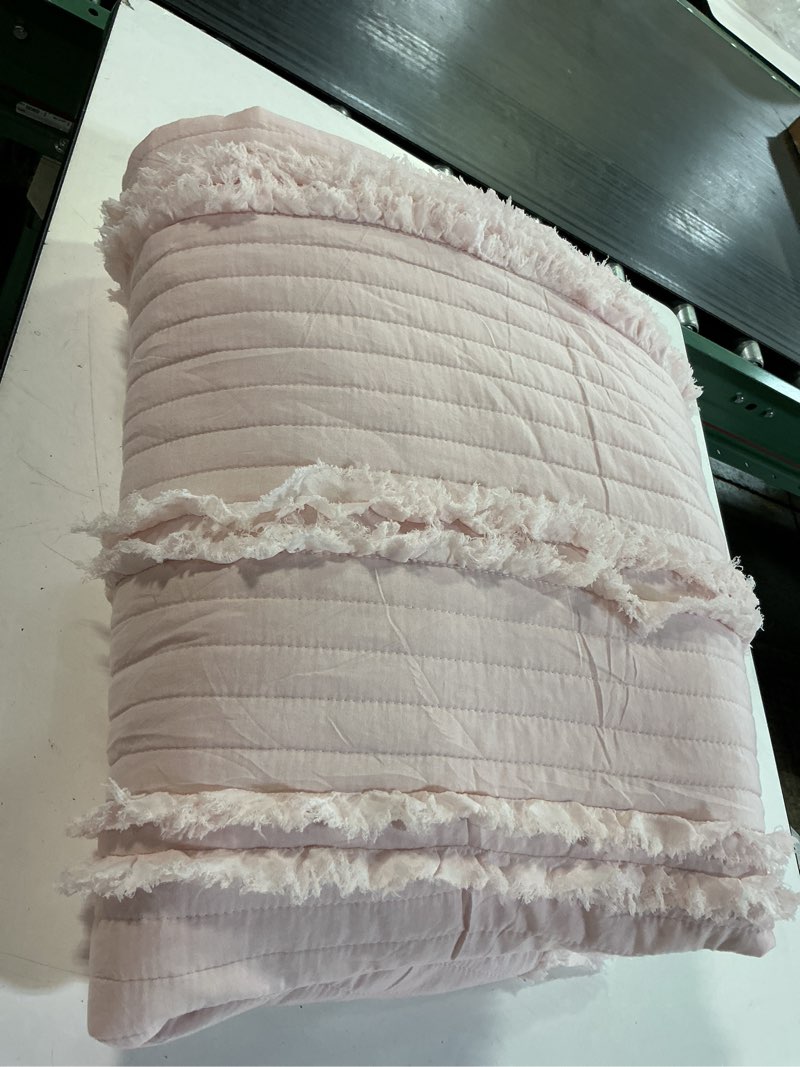 Condition photo showing Good Condition for ultra soft pre-washed quilted boho pink king size blankets for bed, ruffle fringed decorative throw, stone washed chic rustic blanket for sofa couch bed, 104"*90" baby pink 104"x90"