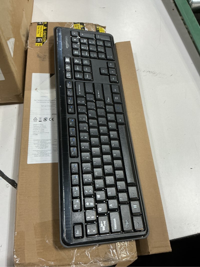Condition photo showing As Is for amazon basics 2.4ghz wireless keyboard and mouse combo, quiet and compact us layout, unifying usb receiver, black