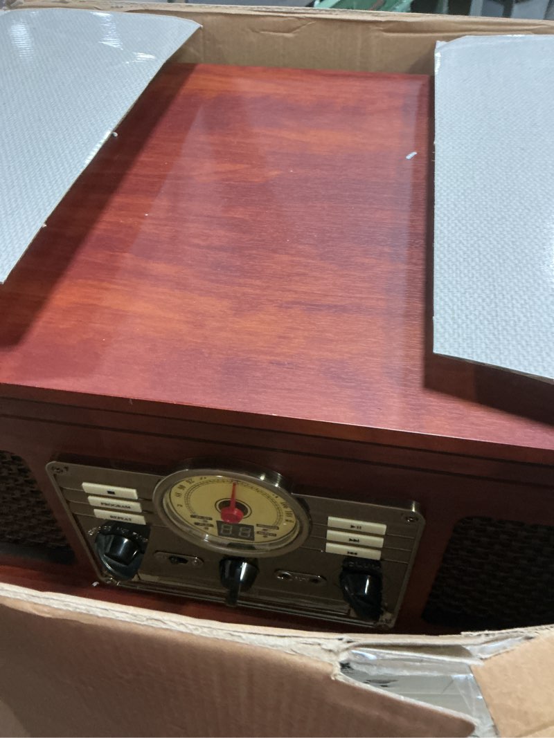 Condition photo showing As Is for Victrola The Quincy 6-in-1 Bluetooth Record Player & Multimedia Center with Built-in Speakers – 3-Speed Turntable, CD & Cassette Player, AM/FM Radio, Wireless Music Streaming (Mahogony) Mahogany Record Player