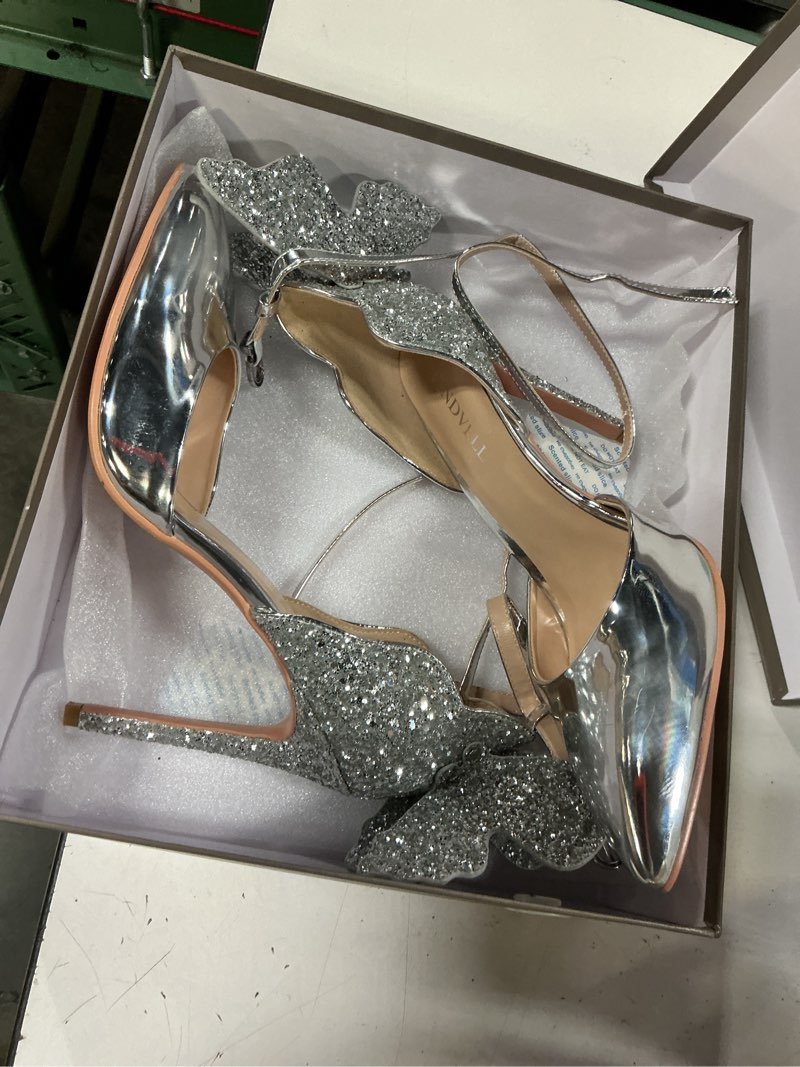 Condition photo showing Good Condition for findvell gold high heels butterfly back sexy stiletto pumps closed toe sparkly ankle strap heels sandals dress shoes for women 10 silver