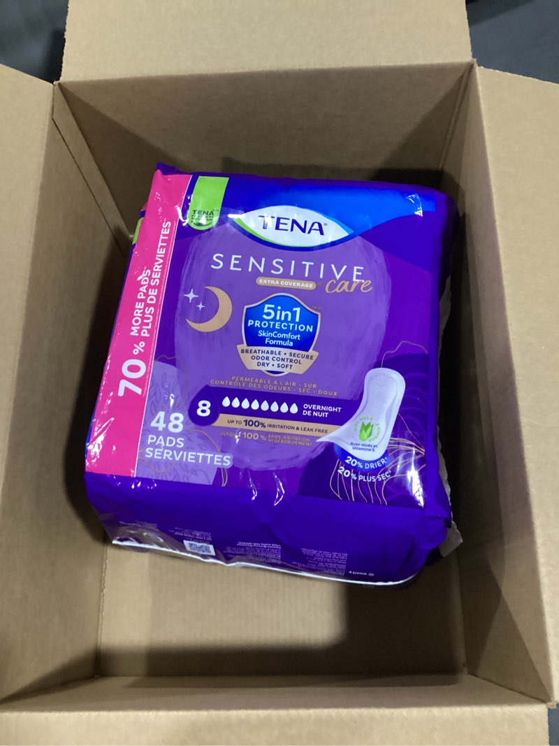 Condition photo showing New/Like New for tena sensitive care incontinence pads, bladder control, postpartum for women, overnight absorbency, extra coverage, 48 count