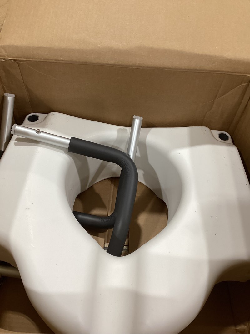 Condition photo showing As Is for vive raised toilet seat - 5" portable, elevated toilet seat riser & extender - elongated and standard fit commode lifter - bathroom safety extender assists disabled, elderly, seniors, handicapped universal size w/ handles