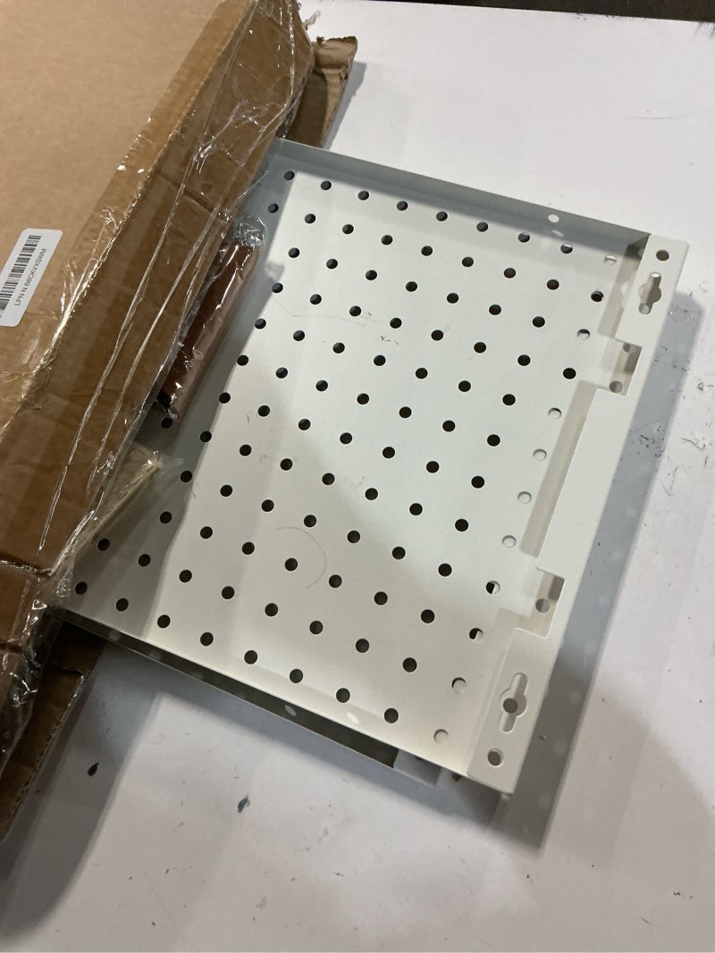 Condition photo showing As Is for peg board, 4 pack metal pegboard organizer with accessories, white pegboard panels with 50 pcs hooks and baskets, wall organizer for office, craft room organization, garage, sewing room 16x12"- 4 pcs white