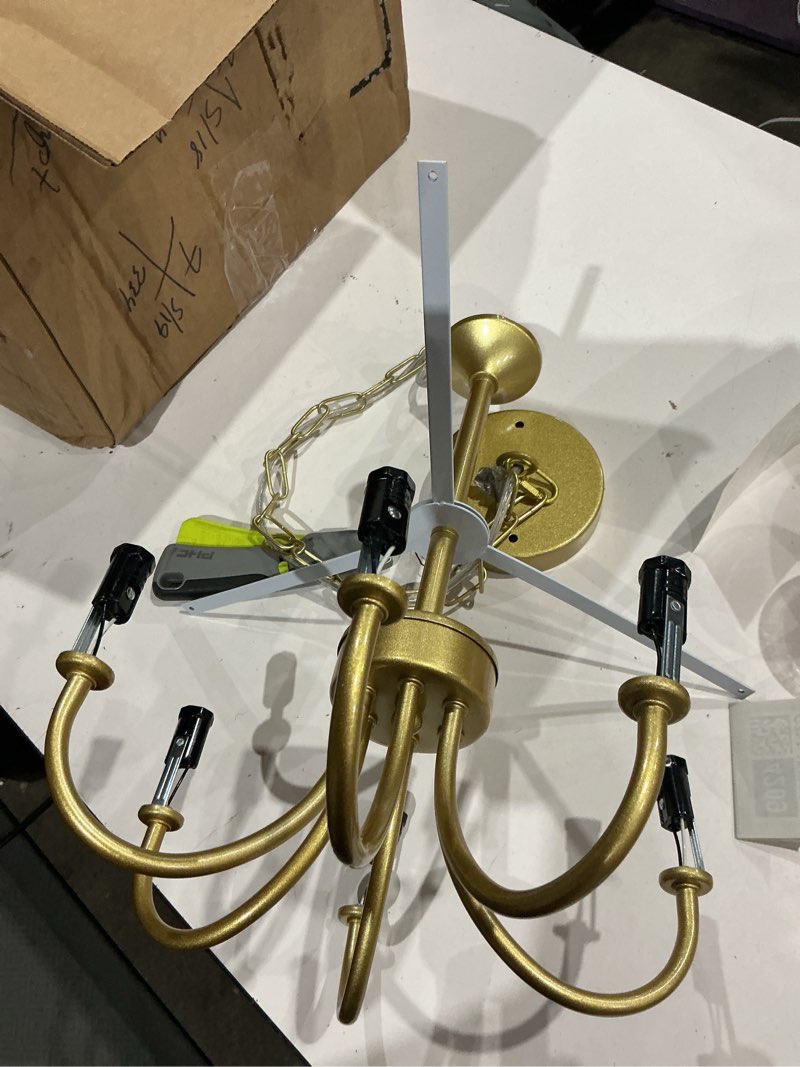 Condition photo showing As Is for 5 lights drum chandelier gold farmhouse chandelier with shades 19" large pendant light fixtures hanging brass round chandeliers for bedroom dining room over table living room foyer kitchen island