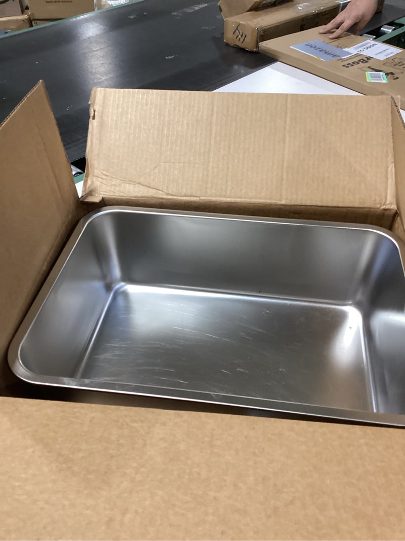 Condition photo showing As Is for Stainless Steel Cat Litter Box, 20"x14"x6"(Height) Large Metal Litter Box, Easy to Clean, Non Stick No Smell Litterbox for Adult Cats/Kitty Large (19.7"x13.7"x6")