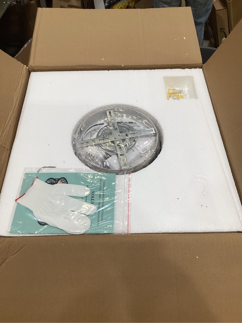 Condition photo showing Good Condition for 20" Caged Ceiling Fans with Lights Flush Mount Ceiling Fan with Remote,Small Black Low Profile Bladeless Ceiling Fan Light Fixture for Bedroom, Kitchen, Dining Room 4 bulbs Included,6 Speeds White brush gold (with light bulb)