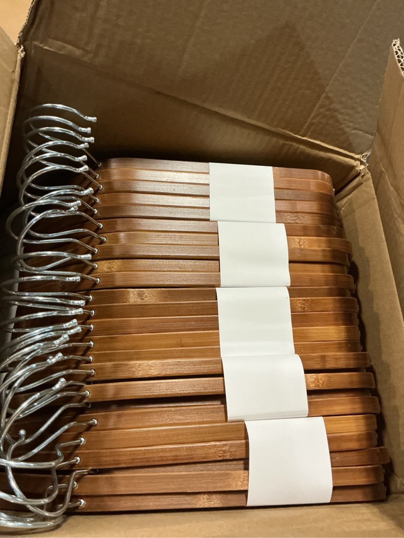 Condition photo showing Good Condition for bamboo hangers - durable & slim coat hanger - suit hangers with 360-degree rotatable hook, suit hangers for clothes, jacket, shirt, tank top, pant (bamboo, 50 pcs) bamboo 50 pcs