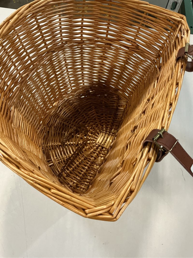 Condition photo showing Good Condition for wicker front cargo bike basket - perfect for riders of all ages and genders - for beach cruiser, stationary bike, e-bike, or road bike with stylish faux leather straps natural