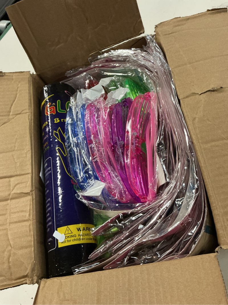 Condition photo showing New/Like New for olupp 148 pcs glow in the dark party supplies, 16 fiber optic wands, 14 led glasses, 100 glow sticks and 18 led hair clips fiber optic for neon party, wedding, birthday, concert, new year