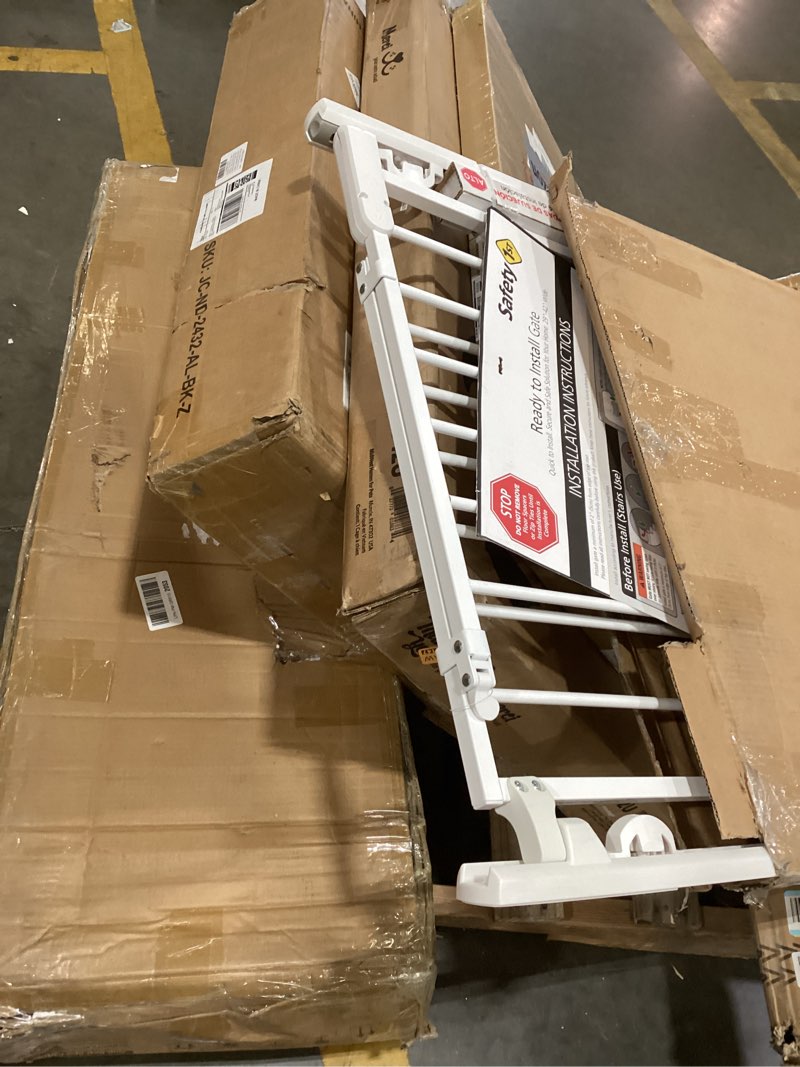 Condition photo showing As Is for safety 1st ready to install everywhere baby gate, multi-use baby gate with door for doorways, hallways and stairs, white