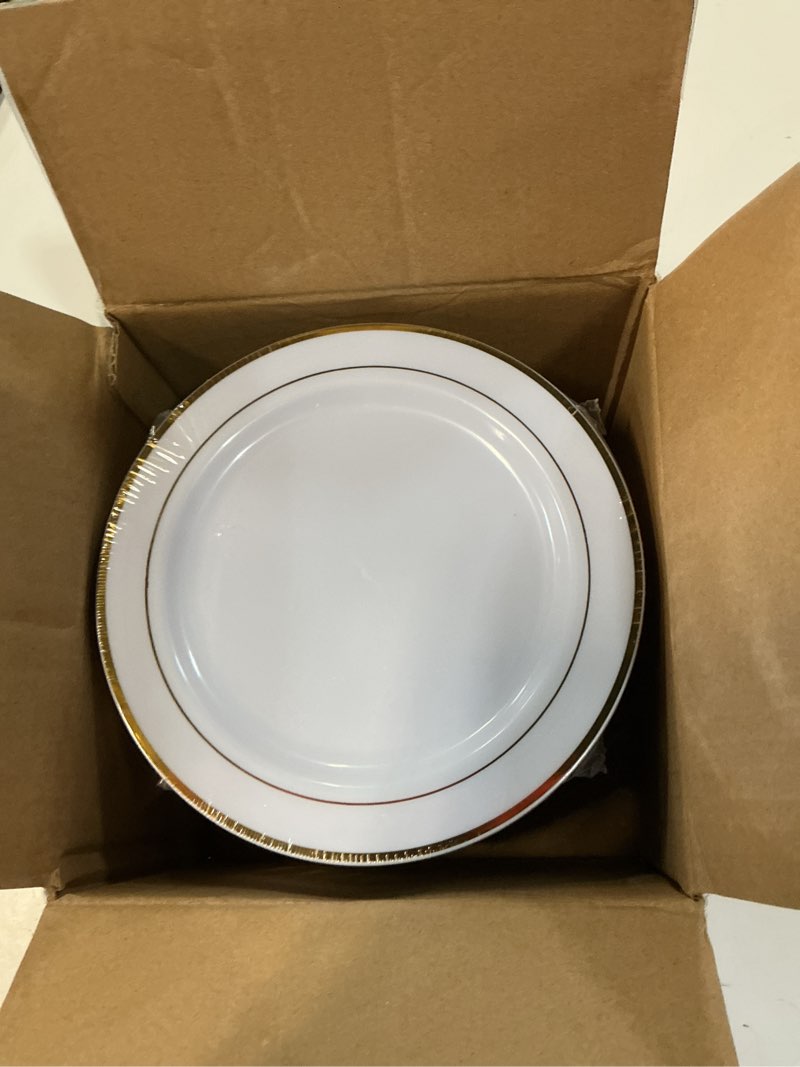 Condition photo showing New/Like New for bucla 100pieces gold plastic plates - 6.25inch white with gold rim disposable salad/dessert/appetizer/small cake plates premium hard - ideal for wedding, party 6.25inch-100pcs-gold
