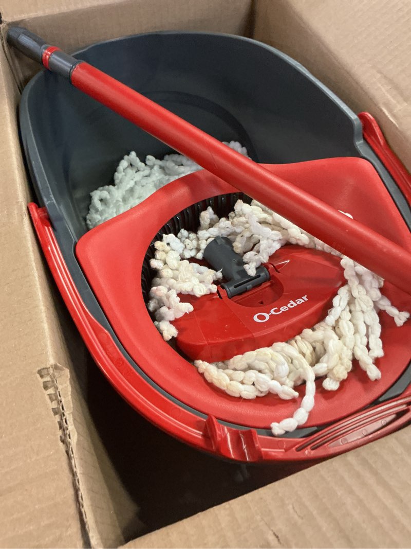Condition photo showing As Is for o-cedar easywring microfiber spin mop & bucket floor cleaning system + 2 extra refills, red/gray spin mop & bucket with 2 extra refills