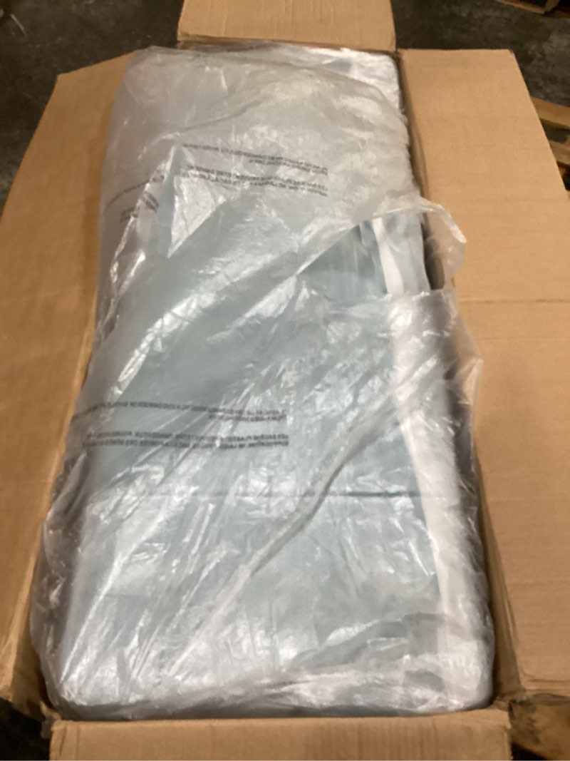 Condition photo showing New/Like New for simplihome hamilton 48 inch wide rectangle lift top storage ottoman in upholstered mediterranean blue tufted faux leather with large storage space for the living room, entryway, bedroom, transitional