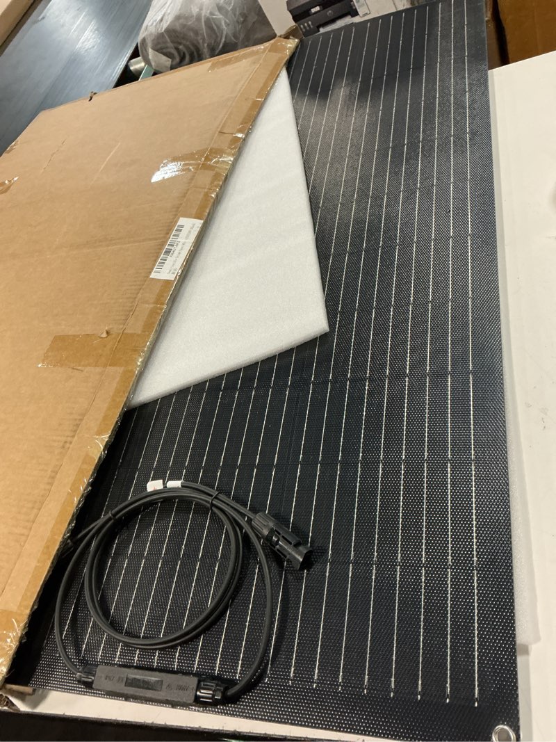 Condition photo showing Good Condition for 100w 12v flexible solar panel, high efficiency perc monocrystalline solar panel, ultra-thin lightweight 4.19lbs, ip67 waterproof for rv, boat, camping, home roof, balcony-black 1 pack black