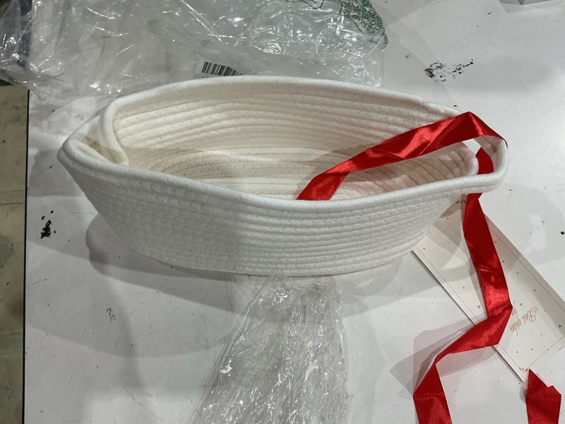 Condition photo showing Good Condition for small woven white gifts basket for storage empty with ribbons and bags durable cute gifts 12"x 8" x 5" small rope basket for gifting