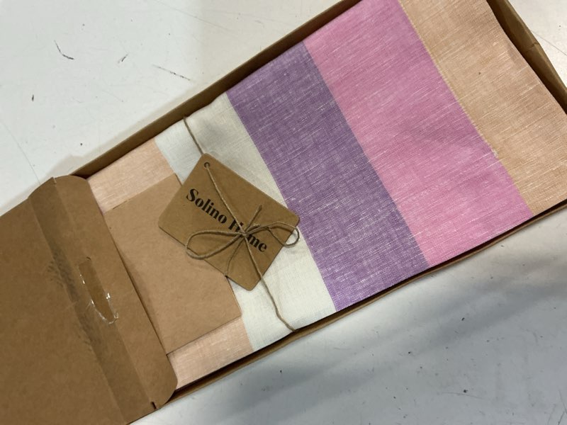 Condition photo showing New/Like New for solino home linen table runner 120 inches long - 100% pure linen multicolor gelato stripe farmhouse 