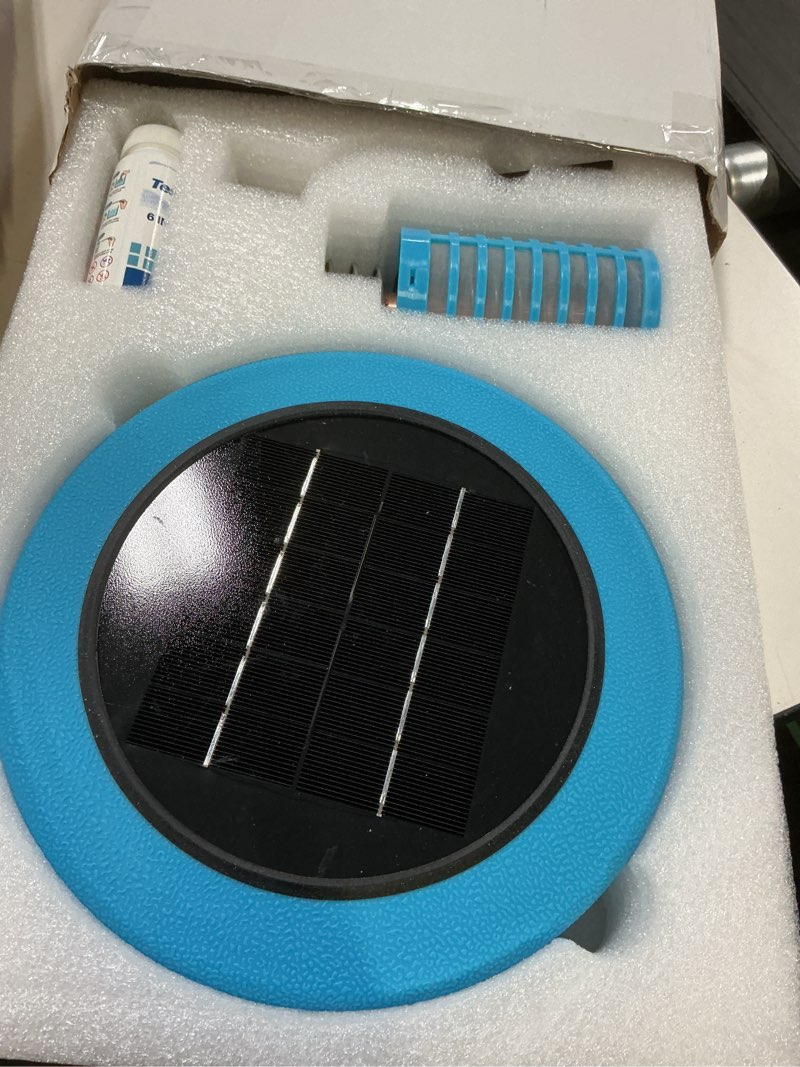 Condition photo showing As Is for solar pool ionizer - floating ionizer cleaner up to 40,000 gallons, large solar panel & durable copp
