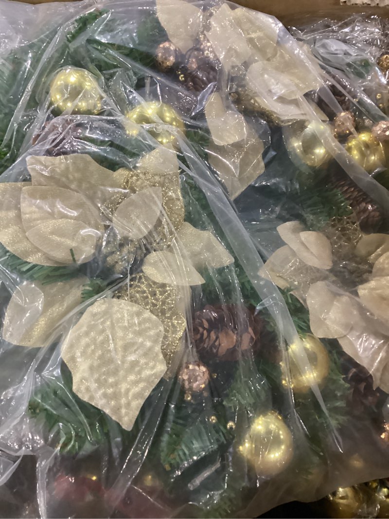 Condition photo showing New/Like New for 4 Piece Pre Lit Gold Christmas Garland and Wreath Set 3 ft Entrance Trees 17.72" Front Door Christmas Wreath 7.87 ft Xmas Garland with Lights for Porch Holiday Decorations