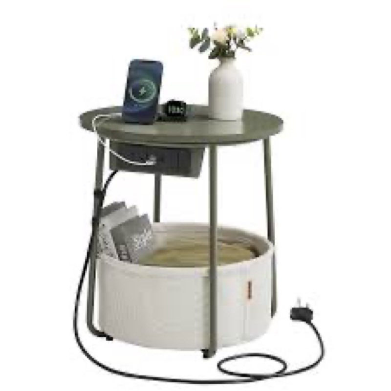 VASAGLE LILEA Collection - Side Table with Charging Station, Round End Table with Fabric Basket, Nightstand with USB Ports, for Living Room, Bedroom, Modern, Forest Green and Cream White ULET228C04