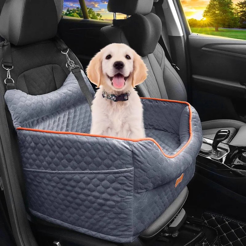 dog car seat - memory foam dog booster seat for small dogs up to 25lbs-elevated pet car seat with storage pockets and dog seat belt-soft pet travel bed for front & back seats-removable washable-grey