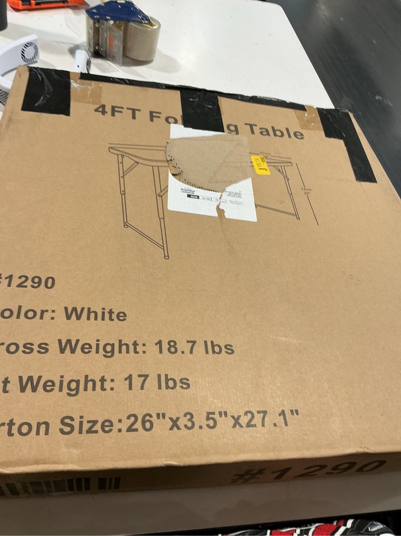 Condition photo showing As Is for 4ft folding table, portable fold-in-half adjustable height utility table for indoor/outdoor use, durable hdpe & steel, stable & lightweight, multi-purpose, white
