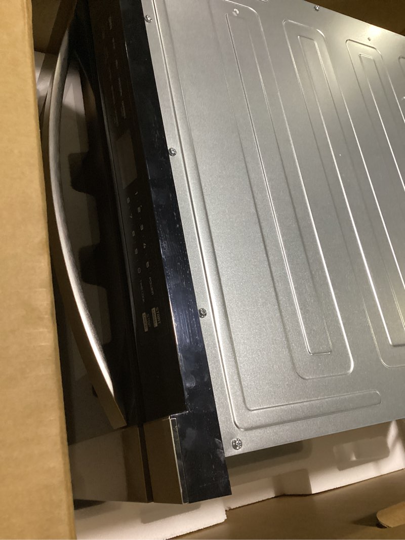 Condition photo showing As Is for koolmore 24 inch stainless-steel microwave drawer with 1.2 cu. ft. capacity, 1000w power with 10 custom cooking levels, memory, and timer functions, wall-mounted with flat bottom (km-md-1ss) drawer 24 in/1.2 cu. ft.