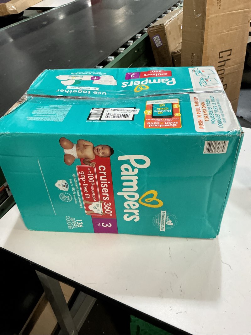 Condition photo showing New/Like New for Pampers Diapers - Cruisers 360 - Size 3, 136 Count, Babyproof up to 100% Leakproof Pull-On Diaper Size 3 136