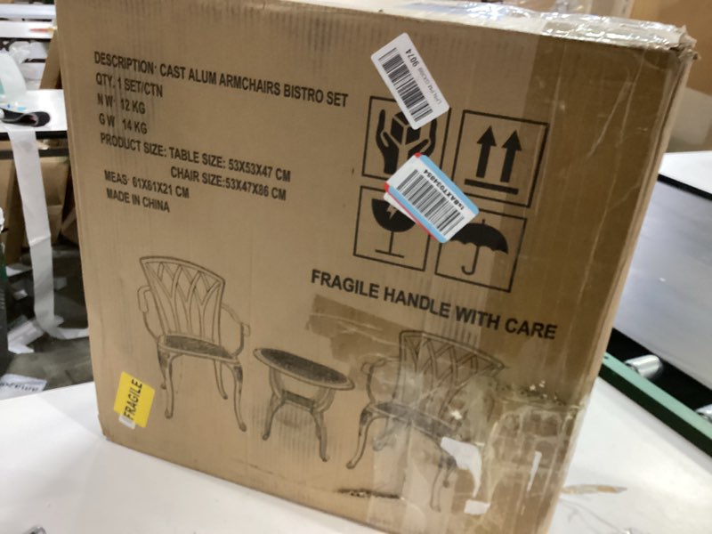 Condition photo showing New/Like New for jardin de centennail 3-piece outdoor bistro set cast aluminum rust-resistant patio furniture armchairs design (copper)